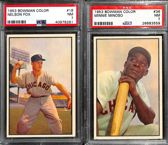 (10) 1953 Bowman Color Cards (All Graded PSA 7) w. N. Fox (#18), Minoso (#36), Durocher (#55), Hamner (#60), Burgess (#28), +