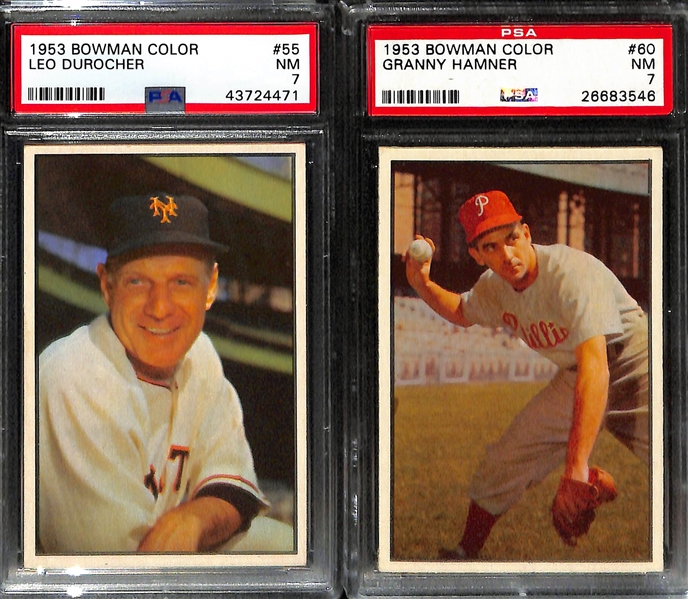 (10) 1953 Bowman Color Cards (All Graded PSA 7) w. N. Fox (#18), Minoso (#36), Durocher (#55), Hamner (#60), Burgess (#28), +