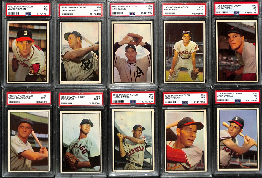 (10) 1953 Bowman Color Cards (All Graded PSA 7) w. Spahn (#99), Bauer (#84), Scheib (#150), Boone (#79), Nuxhall (#90), +
