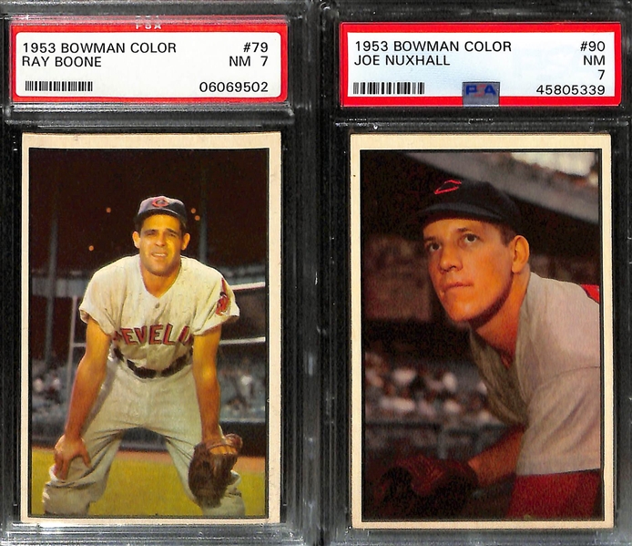 (10) 1953 Bowman Color Cards (All Graded PSA 7) w. Spahn (#99), Bauer (#84), Scheib (#150), Boone (#79), Nuxhall (#90), +