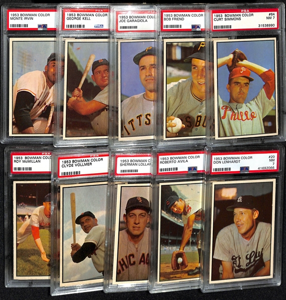 (10) 1953 Bowman Color Cards (All Graded PSA 7) w. Irvin (#51), Kell (#61), Garagiola (#21), +