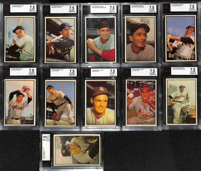 (11) 1953 Bowman Color Cards (All Graded BVG 7.5) w. Kiner (#80), Furillo (#78), +