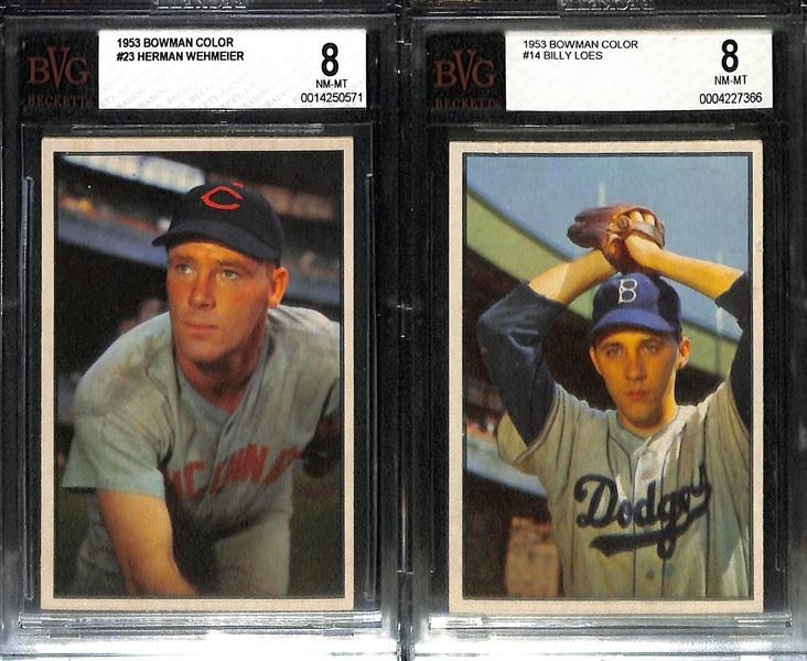 (7) 1953 Bowman Color Cards (All Graded BVG 8) w. Boudreau (#57), Marion (#53), Dark (#19) +