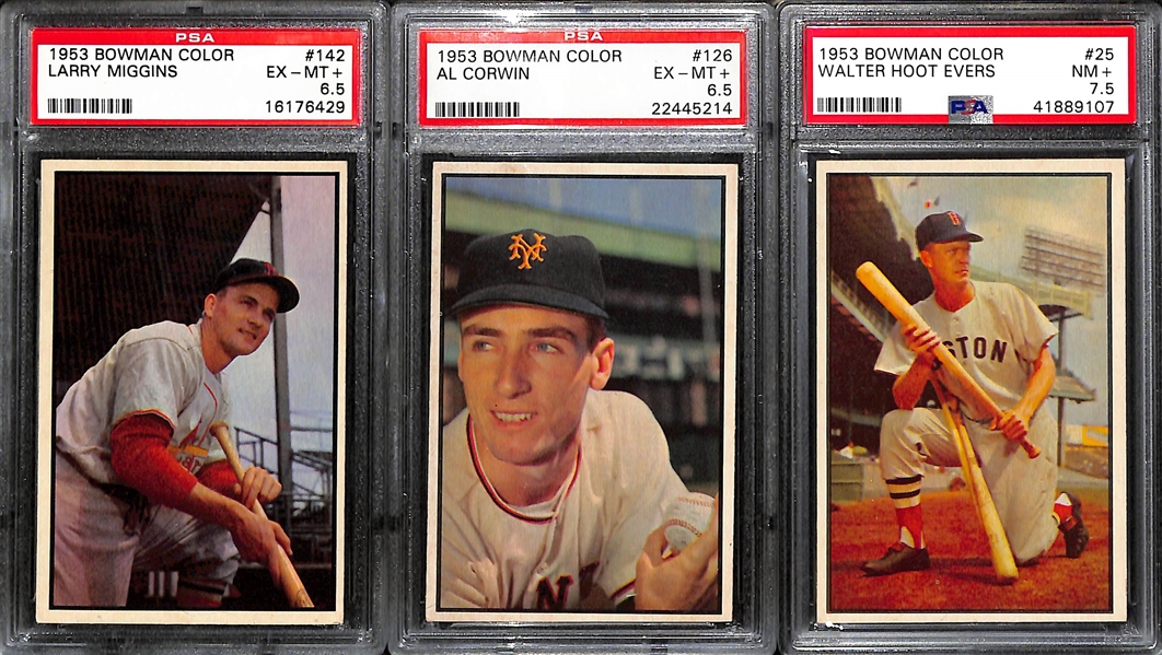 (12) 1953 Bowman Color Cards (All Graded Between 6 and 7.5) w. Hodges (SGC 6), Doby (PSA 7 OC), Kluszewski (SGC 7), Lopez (7), +