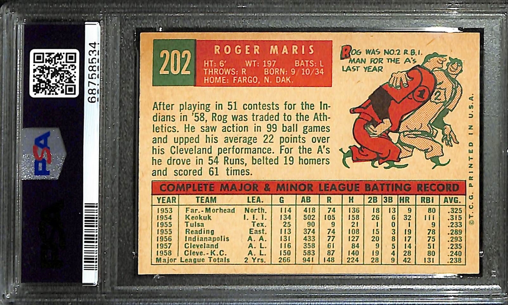 Signed 1959 Topps Roger Maris #202 (PSA/DNA Card Grade 4, Auto Grade 10)