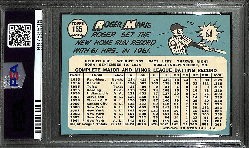 Signed 1965 Topps Roger Maris #155 (PSA/DNA Card Grade 7 Auto Grade 9)