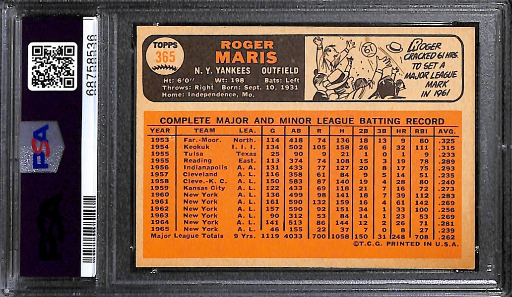 Signed 1966 Topps Roger Maris #365 (PSA/DNA Card Grade 6 Auto Grade 9)