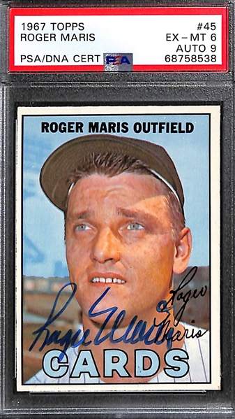 Signed 1967 Topps Roger Maris #45 (PSA/DNA Card Grade 6 Auto Grade 9)