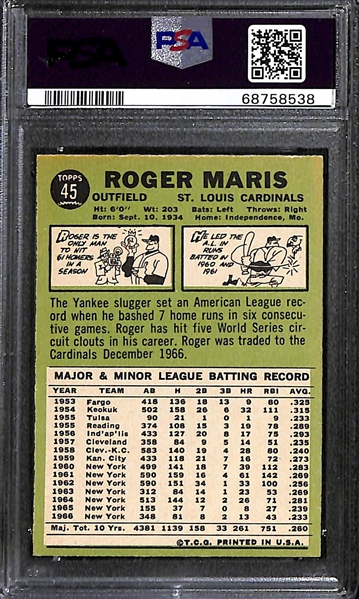 Signed 1967 Topps Roger Maris #45 (PSA/DNA Card Grade 6 Auto Grade 9)