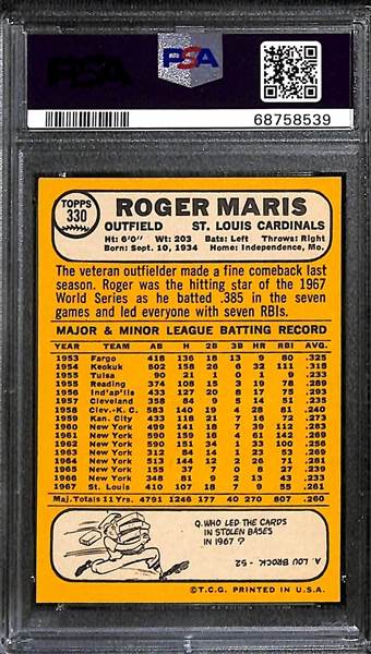 Signed 1968 Topps Roger Maris #330 (PSA/DNA Card Grade 6 Auto Grade 8)