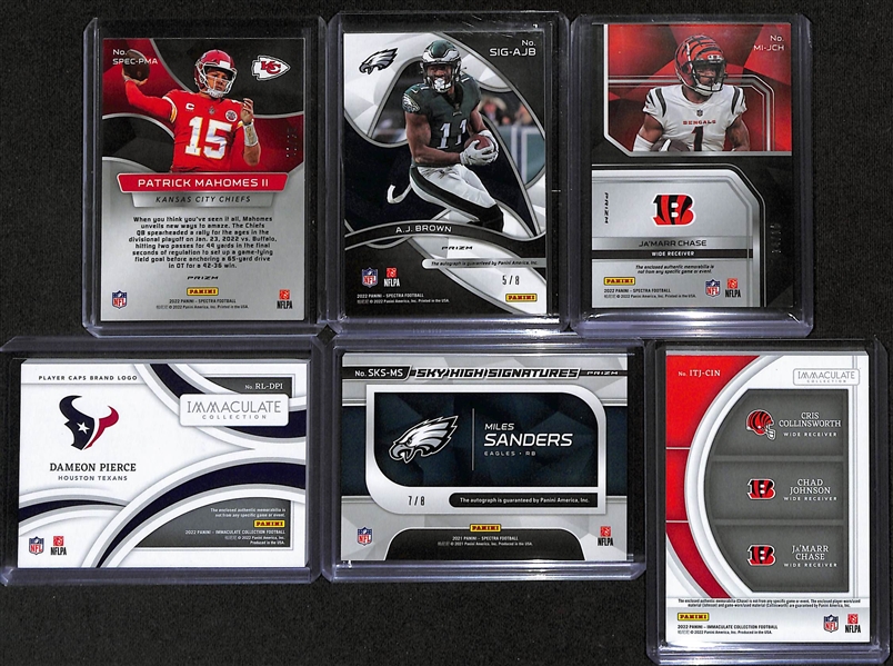 Lot of (6) 2022 Football Cards w. Spectra Patrick Mahomes #d /25, AJ Brown Auto #d /8, Ja'Marr Chase Patch /15, More