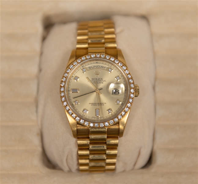 Rolex 18K Yellow Gold Day Date 36 mm Watch w. After Market 44 Diamond Bezel