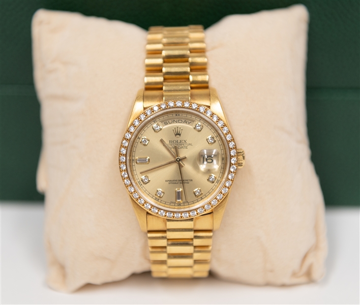 Rolex 18K Yellow Gold Day Date 36 mm Watch w. After Market 44 Diamond Bezel