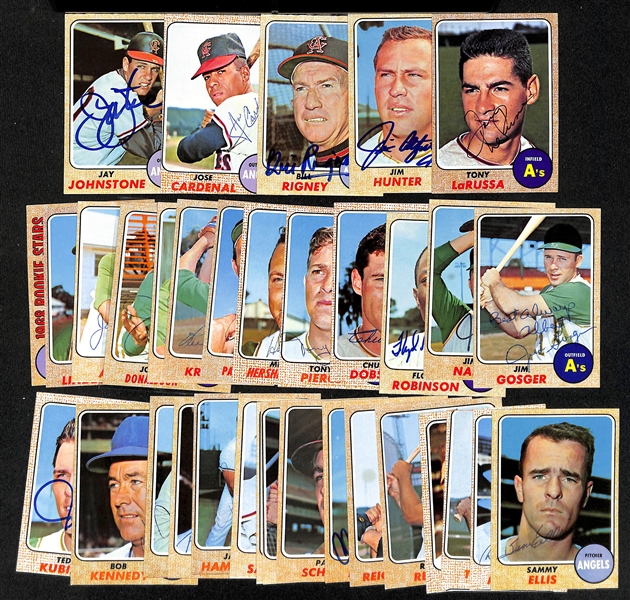 Lot of (34) Signed 1968 Topps A's and Angels Cards w. LaRussa, Hunter, Rigney, Cardenal, and Johnstone, + (JSA Auction Letter)  