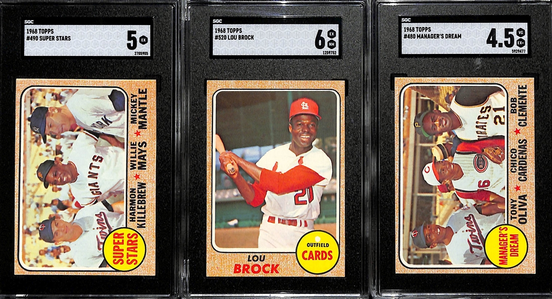 Lot of (3) 1968 Topps Graded Cards - Super Stars w. Mantle #490 SGC 5, Lou Brock SGC 6, Manager's Dream SGC 4.5 