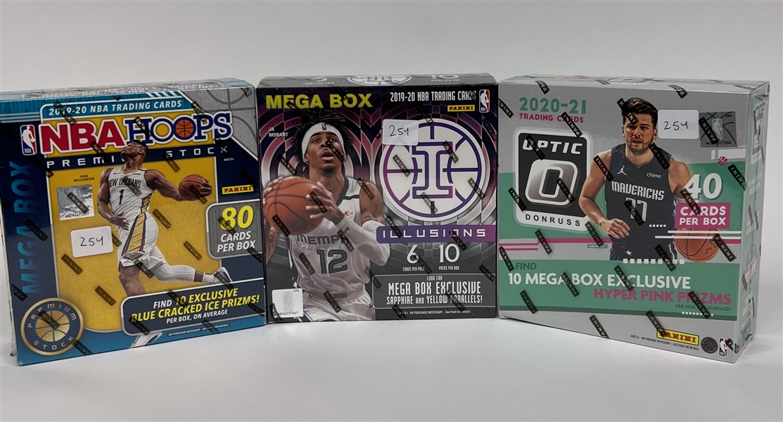 Lot of (3) Basketball Mega Boxes including 2019-20 Panini Illusions, 2019-20 NBA Hoops Premium Stock, and 2020-21 Donruss Optic  