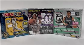 Lot of (3) Basketball Mega Boxes including 2019-20 Panini Illusions, 2019-20 NBA Hoops Premium Stock, and 2020-21 Donruss Optic  
