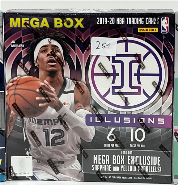 Lot of (3) Basketball Mega Boxes including 2019-20 Panini Illusions, 2019-20 NBA Hoops Premium Stock, and 2020-21 Donruss Optic  