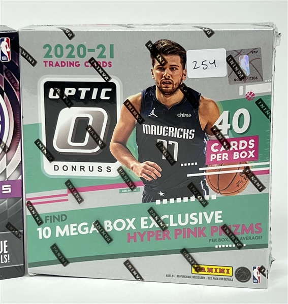 Lot of (3) Basketball Mega Boxes including 2019-20 Panini Illusions, 2019-20 NBA Hoops Premium Stock, and 2020-21 Donruss Optic  