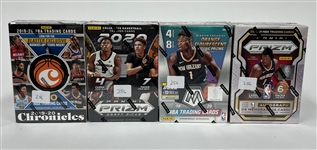 Lot of (4) Basketball Blaster Boxes including 2020-21 Panini Prizm, 2020 Panini Prizm Draft Picks, 2019-20 Panini Mosaic, and 2019-2020 Chronicles 