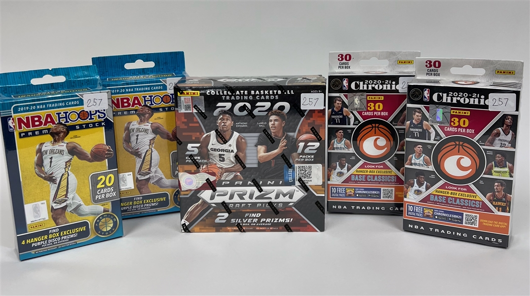 2020 Panini Prizm Draft Picks Basketball Mega Box, (2) 2020-21 Panini Chronicles Basketball Hanger Boxes, and (2) 2019-20 Panini Premium Stock Basketball Hanger Boxes