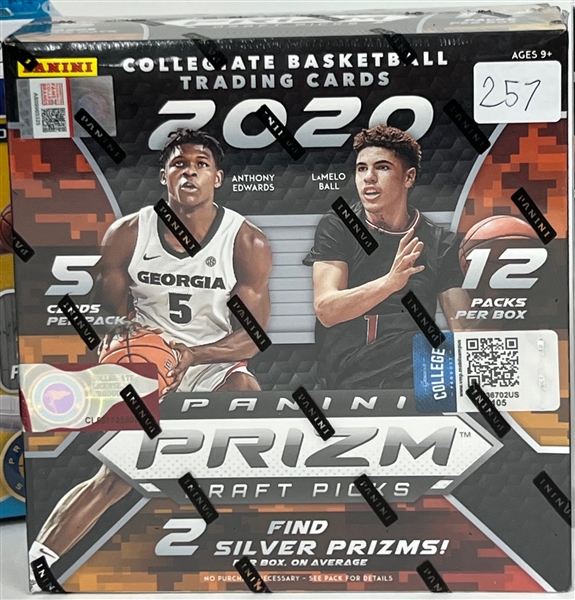 2020 Panini Prizm Draft Picks Basketball Mega Box, (2) 2020-21 Panini Chronicles Basketball Hanger Boxes, and (2) 2019-20 Panini Premium Stock Basketball Hanger Boxes