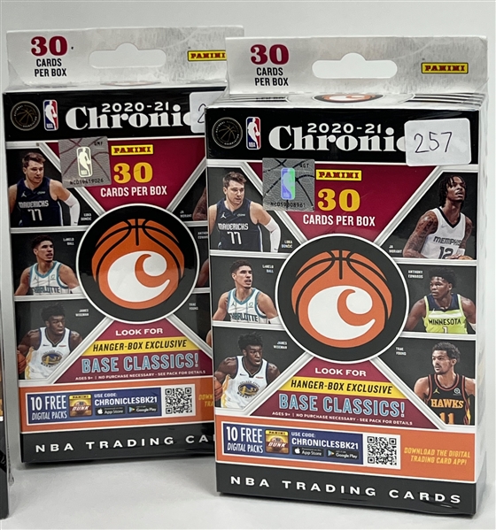 2020 Panini Prizm Draft Picks Basketball Mega Box, (2) 2020-21 Panini Chronicles Basketball Hanger Boxes, and (2) 2019-20 Panini Premium Stock Basketball Hanger Boxes