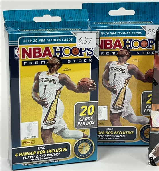 2020 Panini Prizm Draft Picks Basketball Mega Box, (2) 2020-21 Panini Chronicles Basketball Hanger Boxes, and (2) 2019-20 Panini Premium Stock Basketball Hanger Boxes