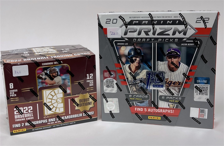 Lot of (2) First Off the Line Baseball Hobby Boxes including a 2022 Panini Capstone and 2022 Panini Prizm Draft Picks