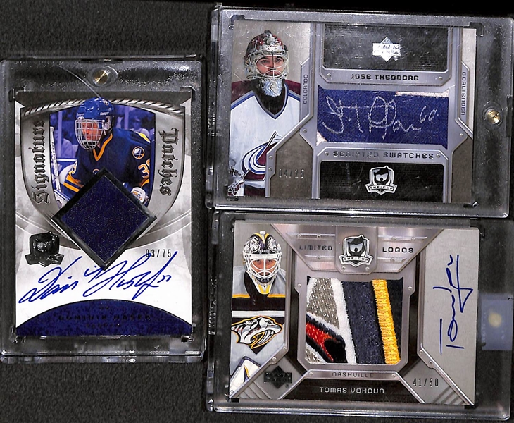 Lot of (3) Upper Deck The Cup Goalie Jumbo Jersey Patch Autographs inc  2008-09 Signature Patches Dominik Hasek (#/75), 2006-07 Scripted Swatches Jose Theodore (#/25), 2006-07 Limited Logos Tomos...