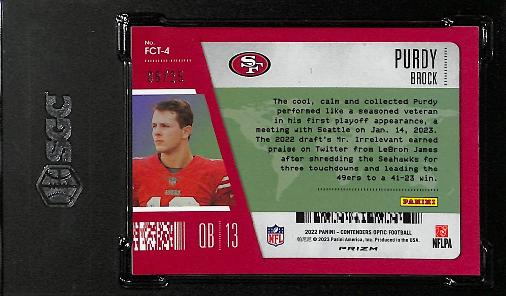 2022 Contenders Optic Brock Purdy First Class Ticket Black Scope RC #d /25 Graded SGC 9