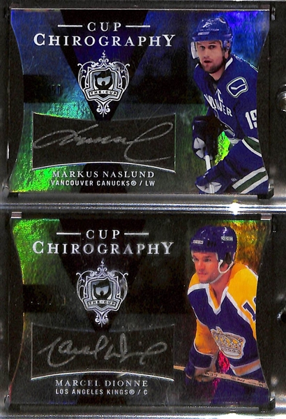 Lot of (5) 2007-08 Upper Deck The Cup Cup Chirography Autographs e/(#/50) Inc. Martin Brodeur, Phil Esposito, Eric Staal, Markus Nasland, and Marcel Dionne 