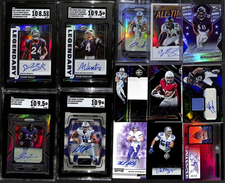 Lot of (13) Autographed Football Cards w. 2022 Prizm Ray Lewis Graded SGC 9.5/10, 2022 Playbook Micah Parsons Graded SGC 9/10, 2022 Contenders Optic Champ Bailey #d /50, and More