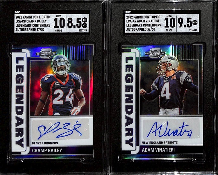 Lot of (13) Autographed Football Cards w. 2022 Prizm Ray Lewis Graded SGC 9.5/10, 2022 Playbook Micah Parsons Graded SGC 9/10, 2022 Contenders Optic Champ Bailey #d /50, and More