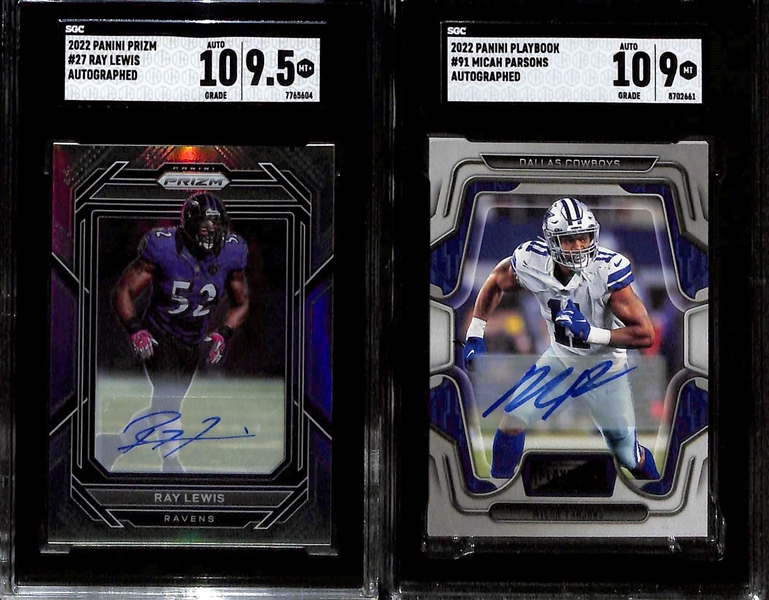 Lot of (13) Autographed Football Cards w. 2022 Prizm Ray Lewis Graded SGC 9.5/10, 2022 Playbook Micah Parsons Graded SGC 9/10, 2022 Contenders Optic Champ Bailey #d /50, and More