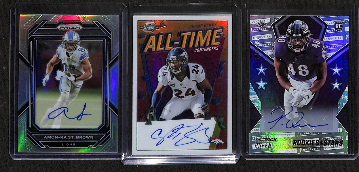 Lot of (13) Autographed Football Cards w. 2022 Prizm Ray Lewis Graded SGC 9.5/10, 2022 Playbook Micah Parsons Graded SGC 9/10, 2022 Contenders Optic Champ Bailey #d /50, and More