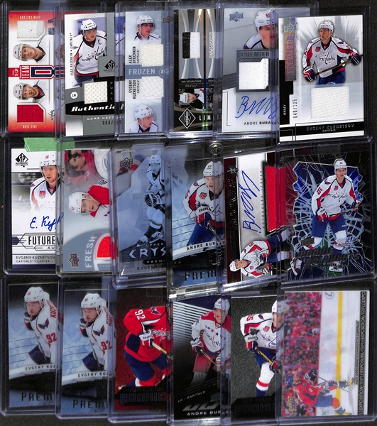 Lot of (18) Washington Capitals Jerseys Autographs and Rookies inc. (4) Alex Ovechkin Jersey Cards, 2014-15 SP Authentic Evgeny Kuznetsov Rookie Autograph, 2014-15 The Cup Andre Burakovsky Rookie...