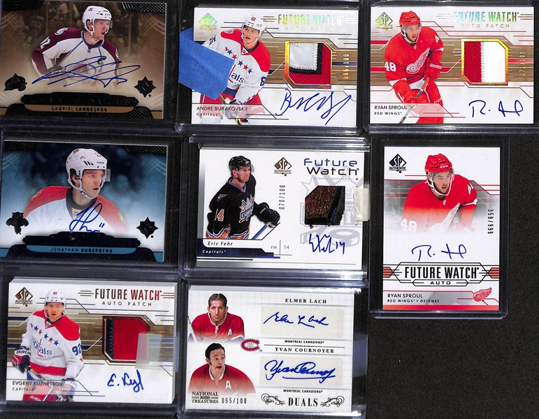 Lot of (8) Upper Deck Hockey Autographs inc. 2013-14 Ultimate Collection Gabriel Landeskog, 2013-14 Ultimate Collection Jonathan Huberdeau Rookie, 2013-14 National Treasures Elmer Lach Yvan...