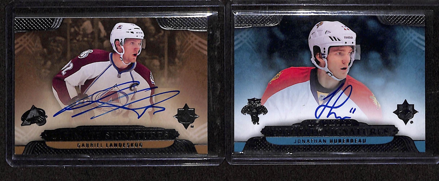 Lot of (8) Upper Deck Hockey Autographs inc. 2013-14 Ultimate Collection Gabriel Landeskog, 2013-14 Ultimate Collection Jonathan Huberdeau Rookie, 2013-14 National Treasures Elmer Lach Yvan...