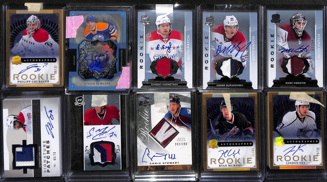 Lot of (10) Upper Deck The Cup Hockey Rookie Autographs Inc. 2014-15 Phillip Grubauer (#/25), 2012-13 PK Subban Patch (#/75), 2013-14 Justin Schultz Brilliance, 2014-15 Evgeny Kuznetsov Patch...