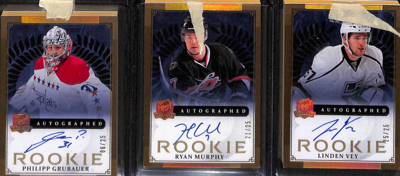 Lot of (10) Upper Deck The Cup Hockey Rookie Autographs Inc. 2014-15 Phillip Grubauer (#/25), 2012-13 PK Subban Patch (#/75), 2013-14 Justin Schultz Brilliance, 2014-15 Evgeny Kuznetsov Patch...