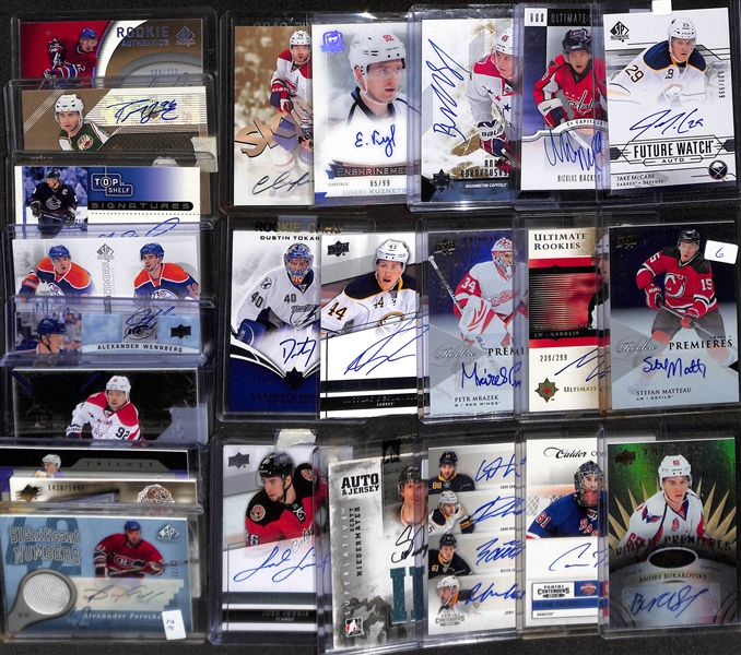 Lot of (24) Hockey Autographed Cards Inc. 2014-15 The Cup Evgeny Kuznetsov Rookie enshrinements (#/99), 2007-08 Ultimate Collection Nicklas Backstrom Rookie, 2013-14 Trilogy Petr Mrazek Rookie...