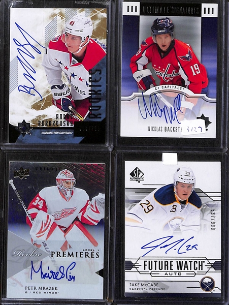 Lot of (24) Hockey Autographed Cards Inc. 2014-15 The Cup Evgeny Kuznetsov Rookie enshrinements (#/99), 2007-08 Ultimate Collection Nicklas Backstrom Rookie, 2013-14 Trilogy Petr Mrazek Rookie...