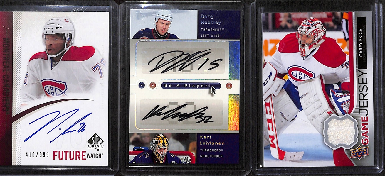 Lot of (30) Hockey Autograph and Jersey Cards Inc. 2010-11 SP Authentic PK Subban Future Watch Rookie Autograph (#/999), 2005-06 Be A Player Dany Heatley & Kary Lehtonen Dual Autograph, 2013 Team...