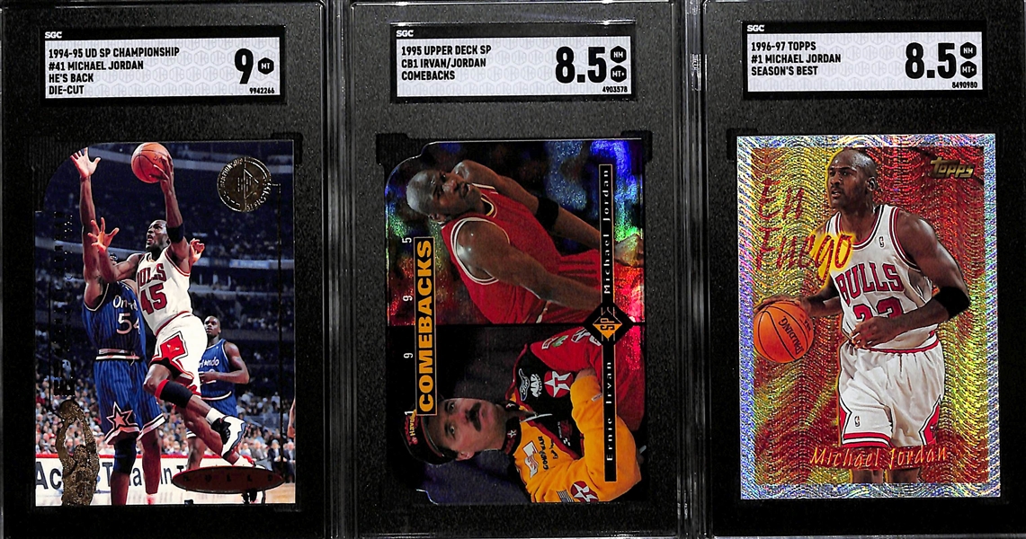 Lot of (3) SGC Graded Michael Jordan Cards Inc. 1994-95 Upper Deck SP Championship He's Back Die-Cut (SGC 9), 1995 Upper Deck SP Irvan/Jordan Comebacks (SGC 8.5), and 1996-97 Topps #1 Michael...