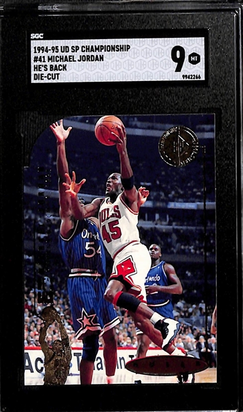 Lot of (3) SGC Graded Michael Jordan Cards Inc. 1994-95 Upper Deck SP Championship He's Back Die-Cut (SGC 9), 1995 Upper Deck SP Irvan/Jordan Comebacks (SGC 8.5), and 1996-97 Topps #1 Michael...