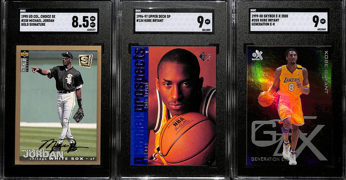 Lot of (3) SGC Graded Basketball Cards Inc. 1995 Upper Deck Collector's Choice SE Michael Jordan Gold Signature (SGC 8.5), 1996-97 Upper Deck SP #134 Kobe Bryant (SGC 9), and 1999-00 Skybox E-X...