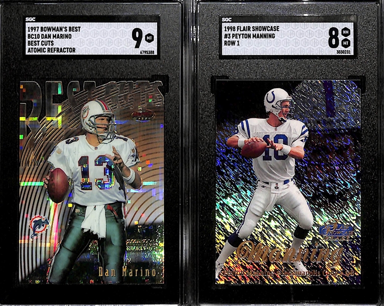 Lot of (2) SGC Graded Quarterback Cards Inc. 1997 Bowman's Best Dan Marino Best Cuts Atomic Refractor (Graded 9) & 1998 Flair Showcase Peyton Manning Row 1 (Graded 8) 