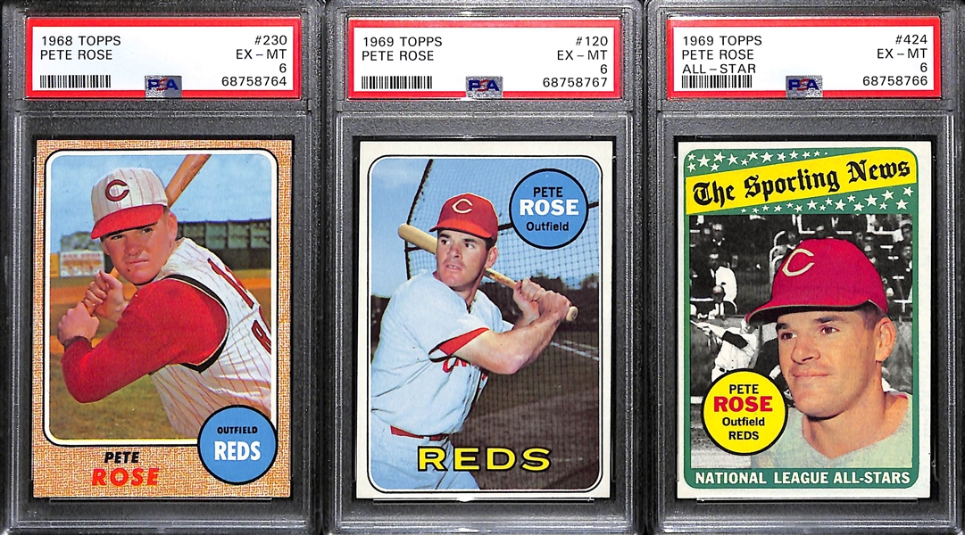 (3) Pete Rose Graded Cards - 1968 #230 (PSA 6), 1969 #120 (PSA 6), 1969 #424 All-Star (6)