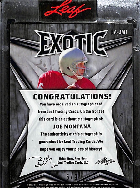 2022 Leaf Exotic Joe Montana Autographed Card (Zebra Skin Background #5/9)